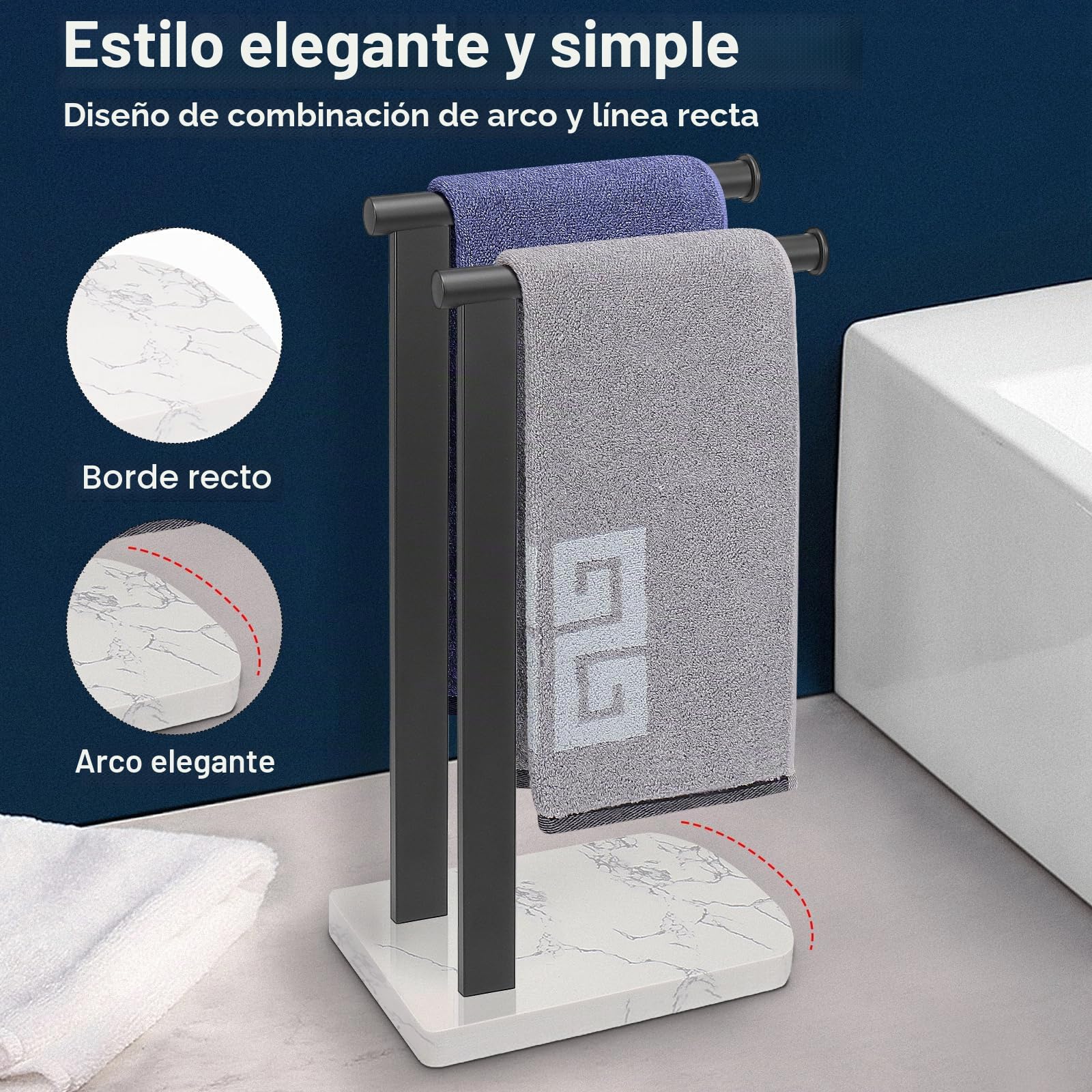 NearMoon Toallero de Mano con Base de mármol equilibrada, Soporte de Acero Inoxidable SUS304 en Forma de L, toallero de pie con aro para baño, Cocina o encimera (Barra Doble, Negro Mate)