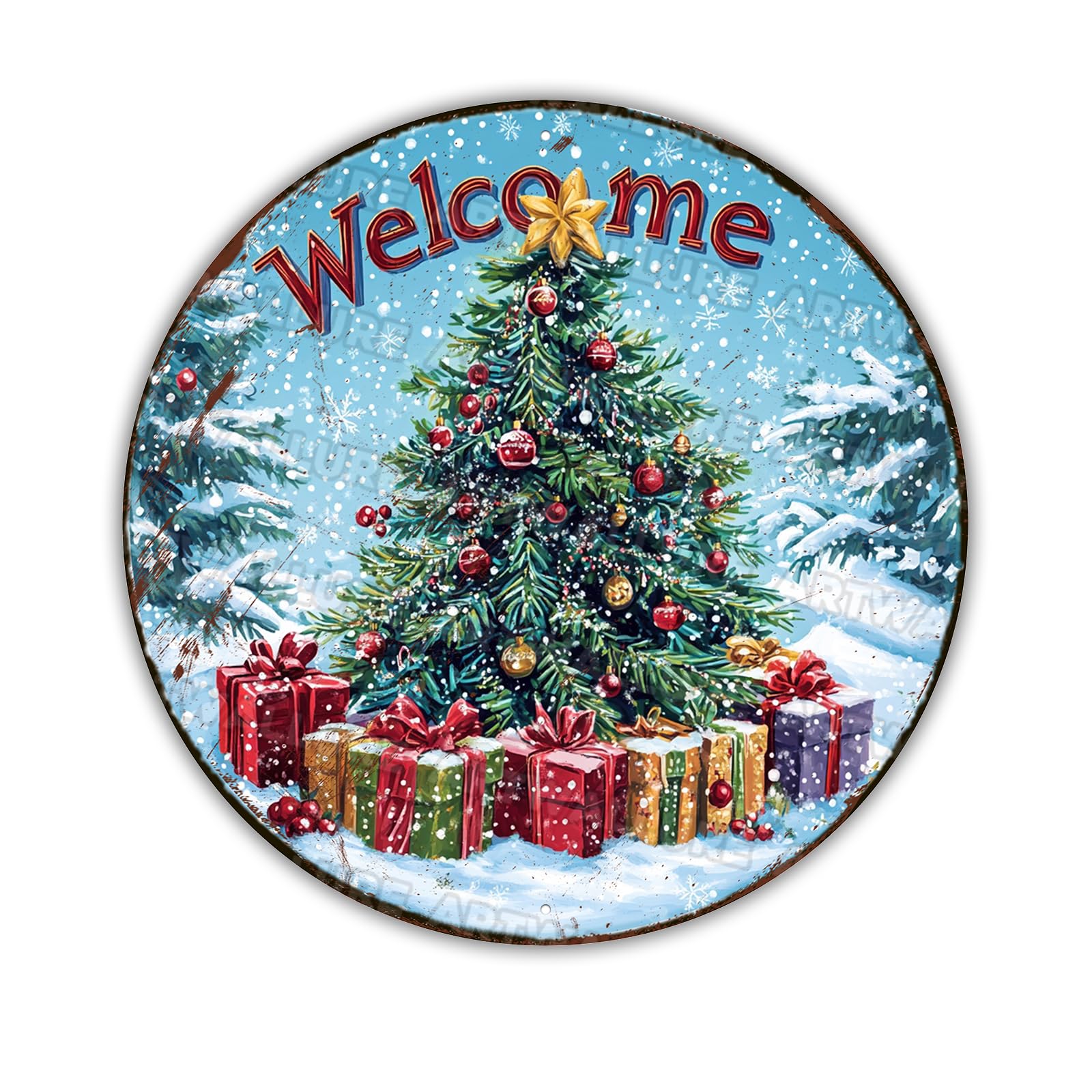 Christmas Tree Wreath Sign - Round Aluminum Wall Decor for Front Door, Porch and Indoor Holiday Decorating, Vintage Style Metal Welcome Plaque 8x8Inch