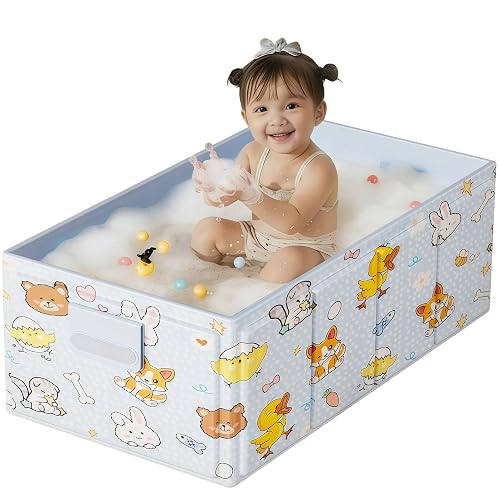 Foldable Baby Bathtub with Cute Animal Print, Portable Infant Bath Tub ，31.5x17.7x9.8 Inch Expanded (Blue)