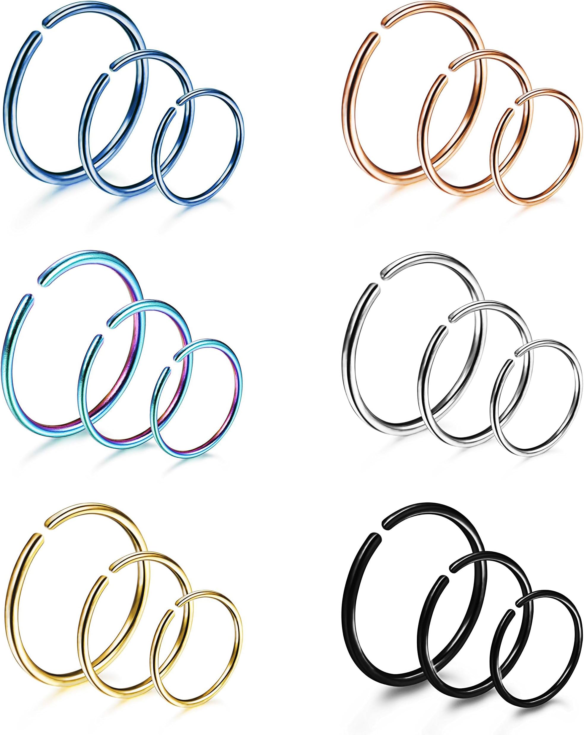 18/24Pcs Hypoallergenic Nose Rings Hoops 316L Surgical Stainless Steel Lightweight Small Piercing Jewelry for Women Men Cartilage Tragus Helix