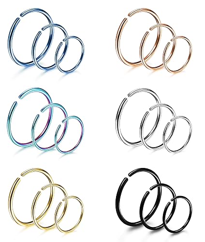 316L Surgical Stainless Steel Nose Rings Hoops for Women Men Hypoallergenic | Thin Hoop Nose Rings Small Nose Piercing Jewelry for Cartilage Tragus Helix Lip 20G 18G 6mm-12mm Inner Diameter - A: 20G(6/8/10mm 6pcs each) 18pcs