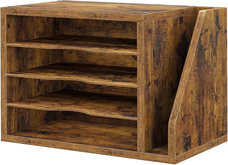 Wooden Mail Organizer, Desk Organizer with 3 Adjustable Shelves | Mail Sorter, File Organizer Desktop, Mail Holder for Home Office, Letter Sorter for Envelopes, Bills, Magazines, Rustic Brown