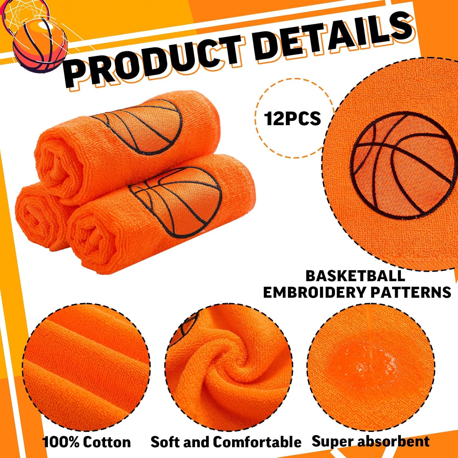 HunnmingRe 12 Pack Basketball Party Favors Cotton Hand Towels for Bathroom 11.8 x 11.8 Inch Embroidered Soft Hand Towels for Team Gifts Sport Theme Party Favors Match Yoga Gym