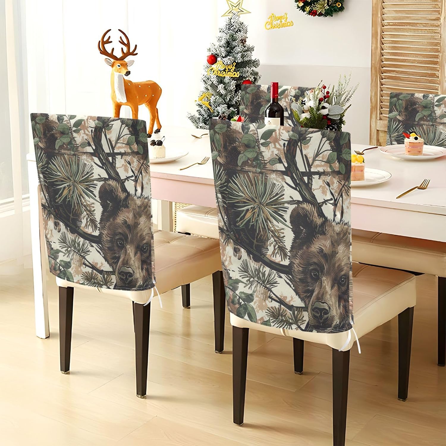 ALAZA Vintage Bear Leaves Chair Back Cover Set of 6, Washable Reusable Removable Chair Slipcovers Decorative Chair Cover for Home Kitchen Wedding Party