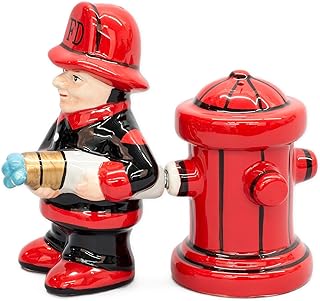 Fireman with Hose and Hydrant 4 Inch Ceramic Magnetic Salt and Pepper Shaker Set Novelty Gift