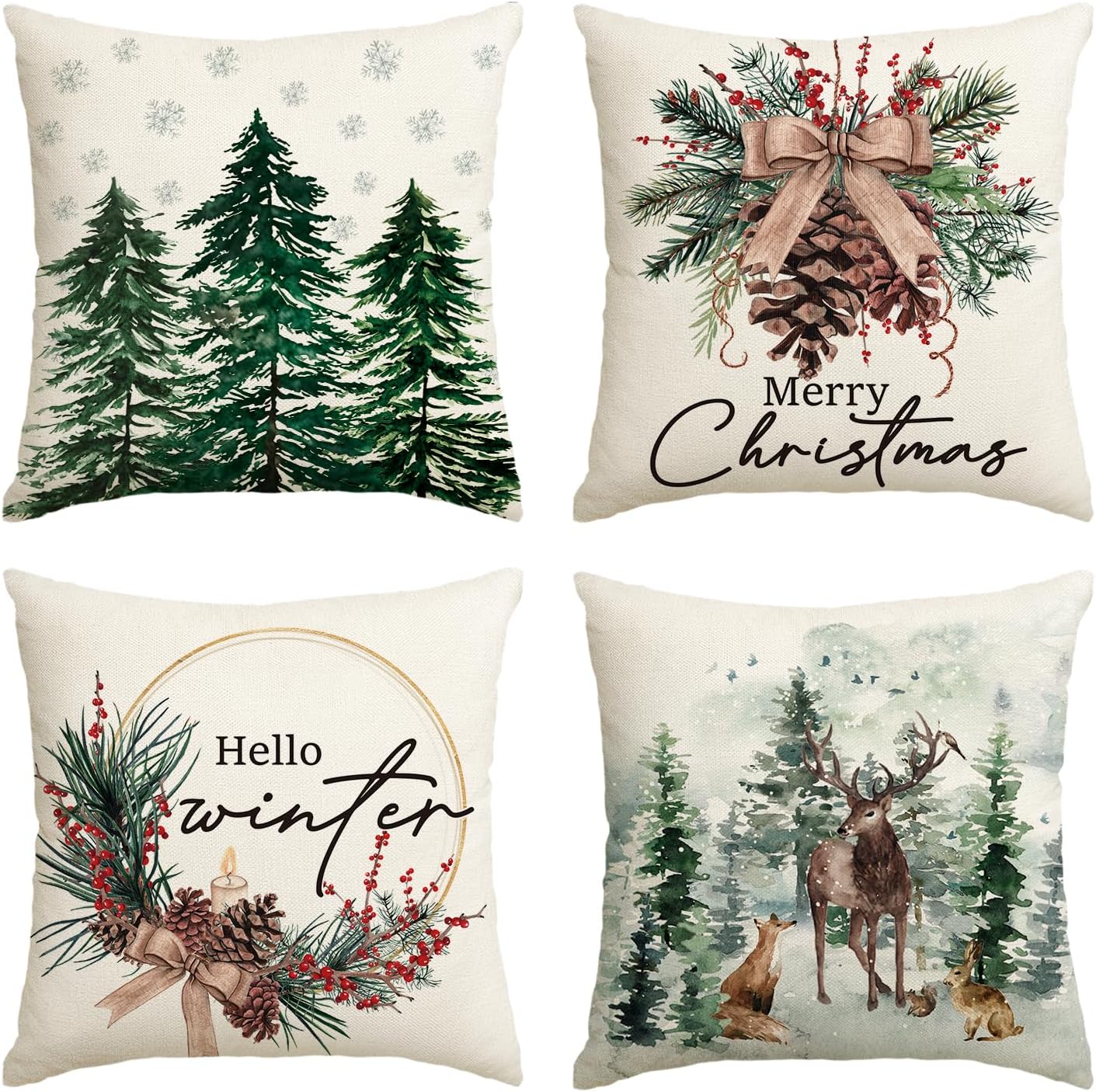 AVOIN colorlife Merry Christmas Trees Reindeer Snowflake Throw Pillow Covers, 18 x 18 Inch Xmas Red Berries Hello Winter Holiday Cushion Case Decoration for Sofa Couch Set of 4