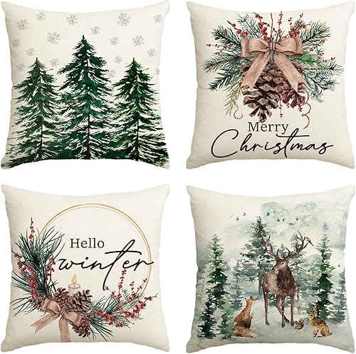 AVOIN colorlife Juego de 4 fundas de almohada con diseño de reno y copos de nieve con diseño de árboles de Navidad, 18 x 18 pulgadas, diseño de disponible en Yaxa Costa Rica