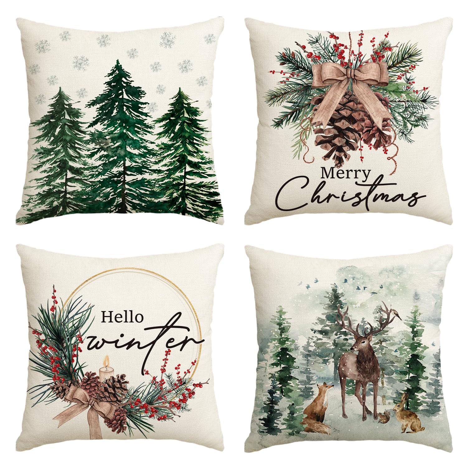 AVOIN colorlife Merry Christmas Trees Reindeer Snowflake Throw Pillow Covers, 16 x 16 Inch Xmas Red Berries Hello Winter Holiday Cushion Case Decoration for Sofa Couch Set of 4