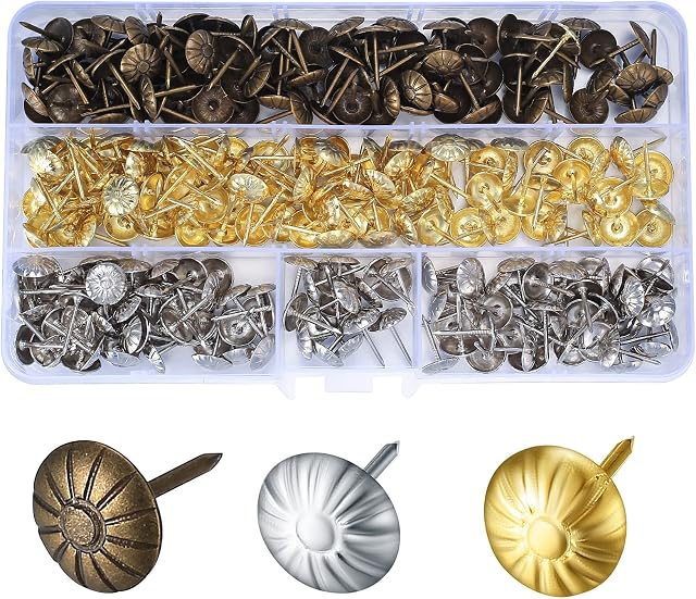 450 Pcs Upholstery Tacks, Vintage Bronze Gold Silver Furniture Decorative Tacks Nails Pins Thumb Tack Push Pins for Sofa, Chair, Bed Antique - 11x17mm/3 Colors