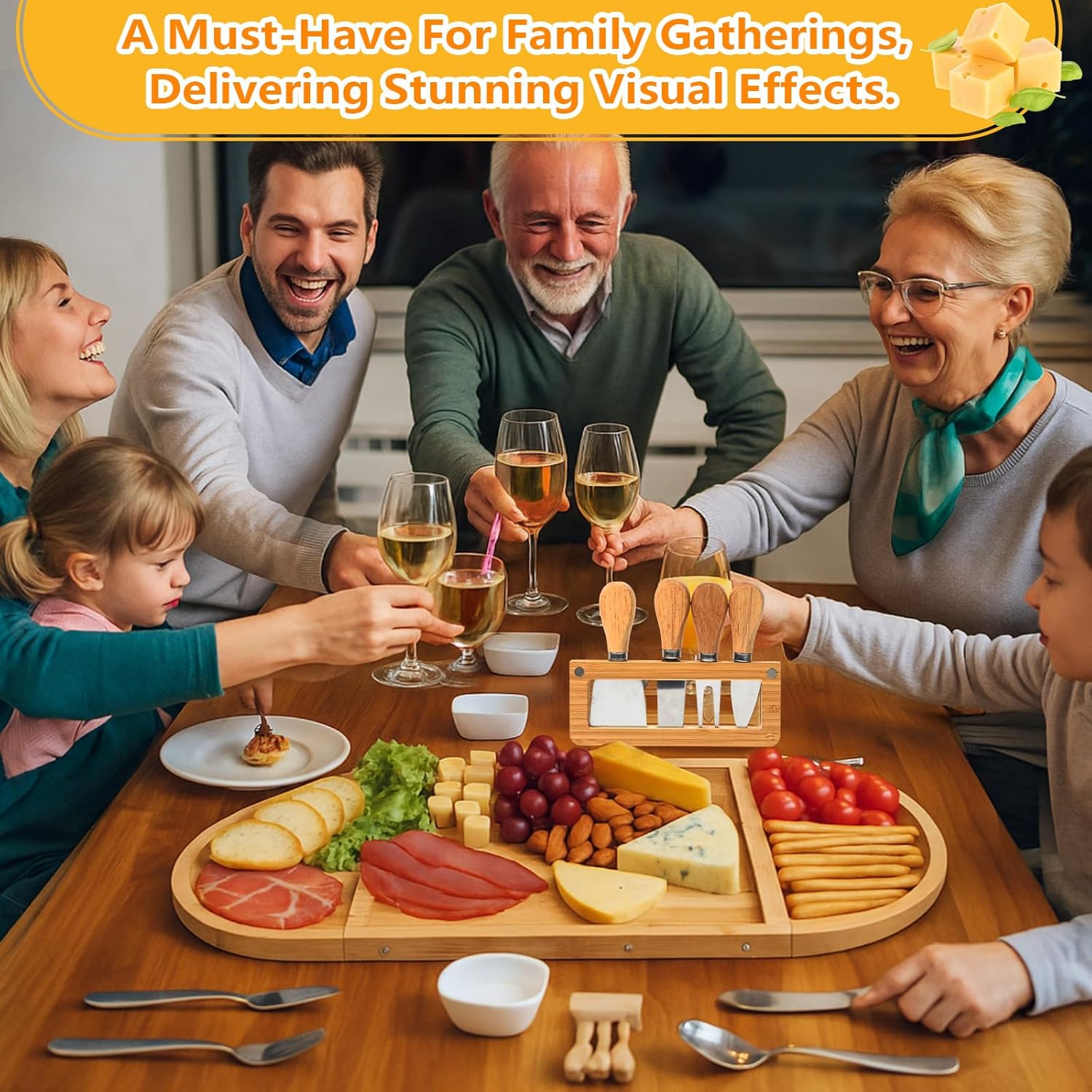 Charcuterie Boards Gift Set Large Bamboo Cheese Board with Ceramic Dip Bowl, Butter Knives Set Kit, Mini Tongs, Spoons, Forks, Honey Sticks, Cocktail Picks for Entertaining Gift for Christmas