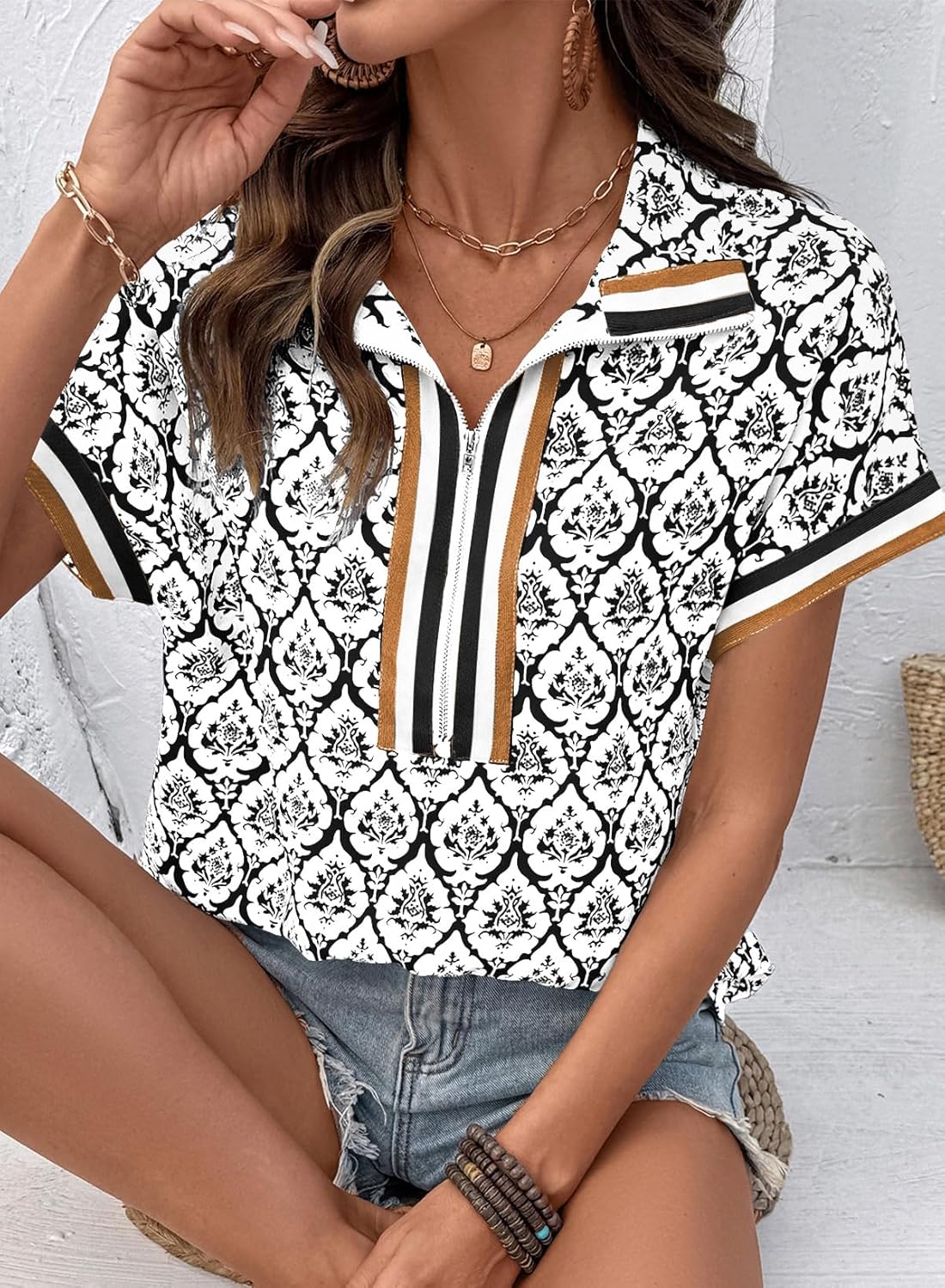 SHEWIN Women Boho Woven Non-Stretch Shirts Summer Half Zip Tops Business Casual 2026 - Image 6