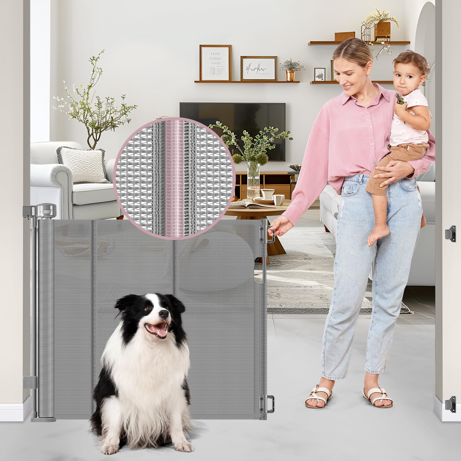 56" Wide Retractable Baby Gates for Stairs with Reinforced Strip, Baby Gate Retractable Pet Gate for Stairs to Prevent Crawling Through, Retractable Gates for Kids or Pets, Mesh Dog Gate Indoor, Gray