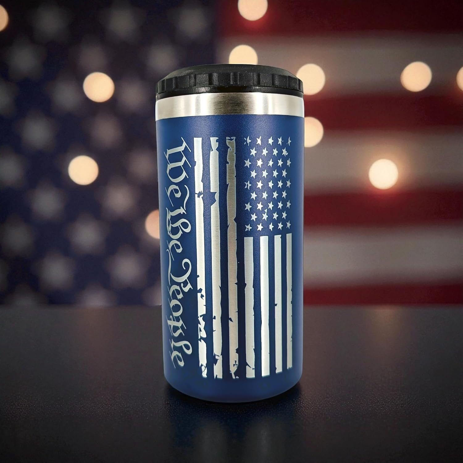 Patriotic 4-in-1 Insulated Can Cooler – American Flag Stainless Steel Tumbler Fits 12 oz Standard & Slim Cans, Bottles, or Use as Cup – Double-Wall, Sweat-Free (4-In-1 We The People) image 3