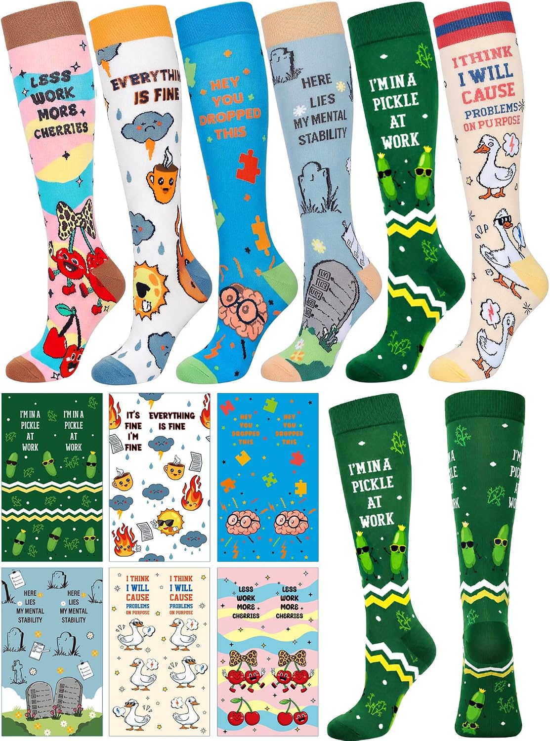 6 Pair Funny Compression Socks Women | Funny Novelty Design Compression Socks, Office Coworker Adult Birthday Gag Gifts