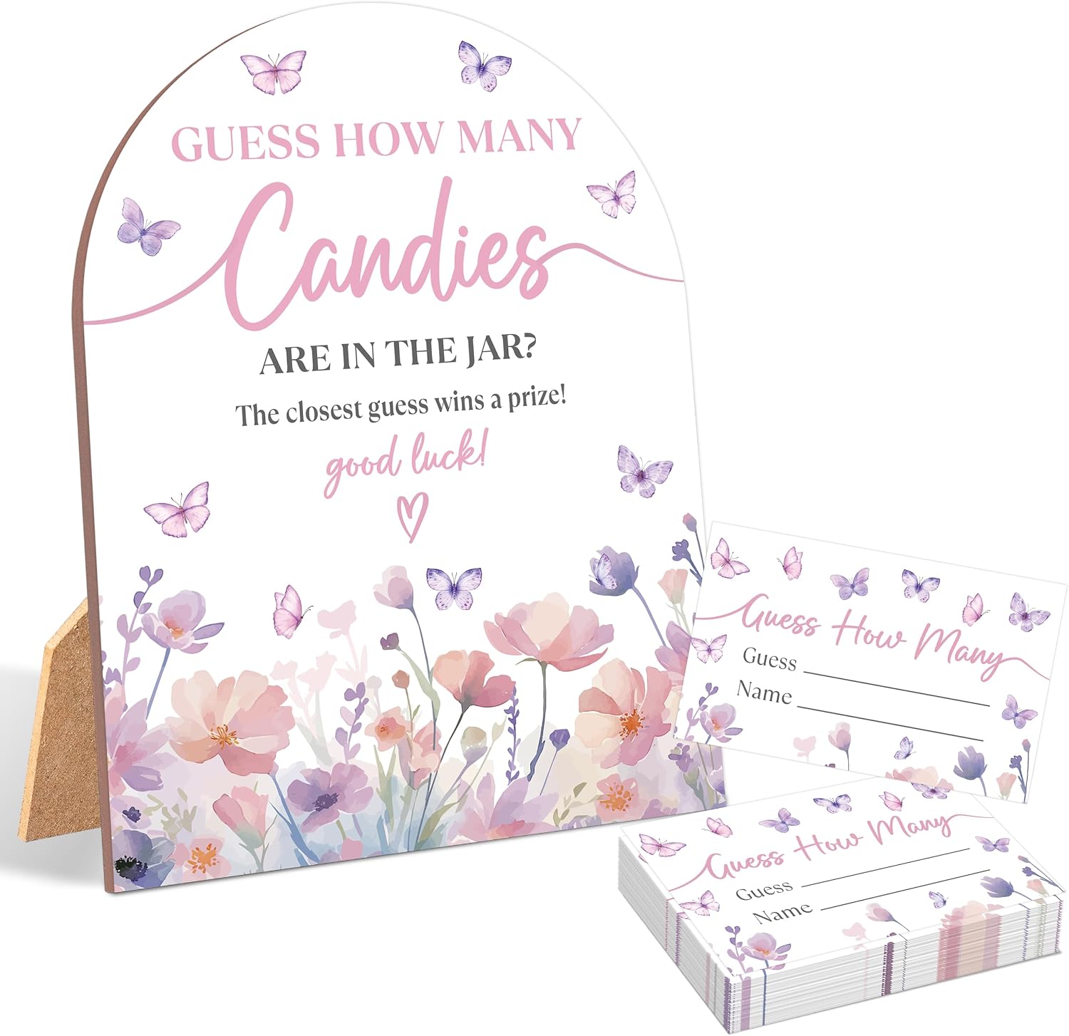 51 Pcs Purple Butterfly Guess How Many Candies Are in the Jar Game, Butterfly Baby Shower Game, 6x8 Inch Arch Wooden Sign with Stand and 50 Guessing Cards, Gender Neutral Party Decoration - ZYF02