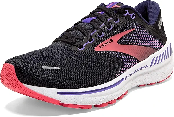 Brooks Women's Adrenaline GTS 22 Supportive Running Shoe - Black/Purple/Coral - 9 Medium