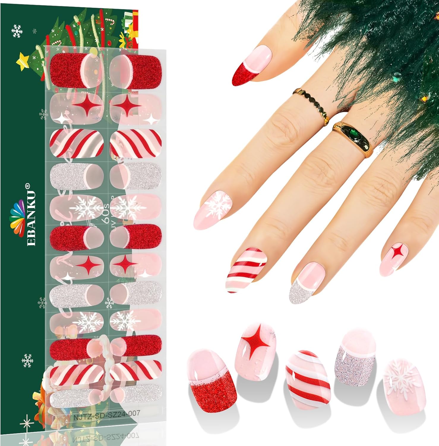 EBANKU 24PCS Semi-Cured Gel Nail Strips,Red Silver Stripes Gel Nail Strips with Nail File, Long Lasting & Water Resistant Nail Art Stickers, Perfect for Salon Manicures and Women/Girls