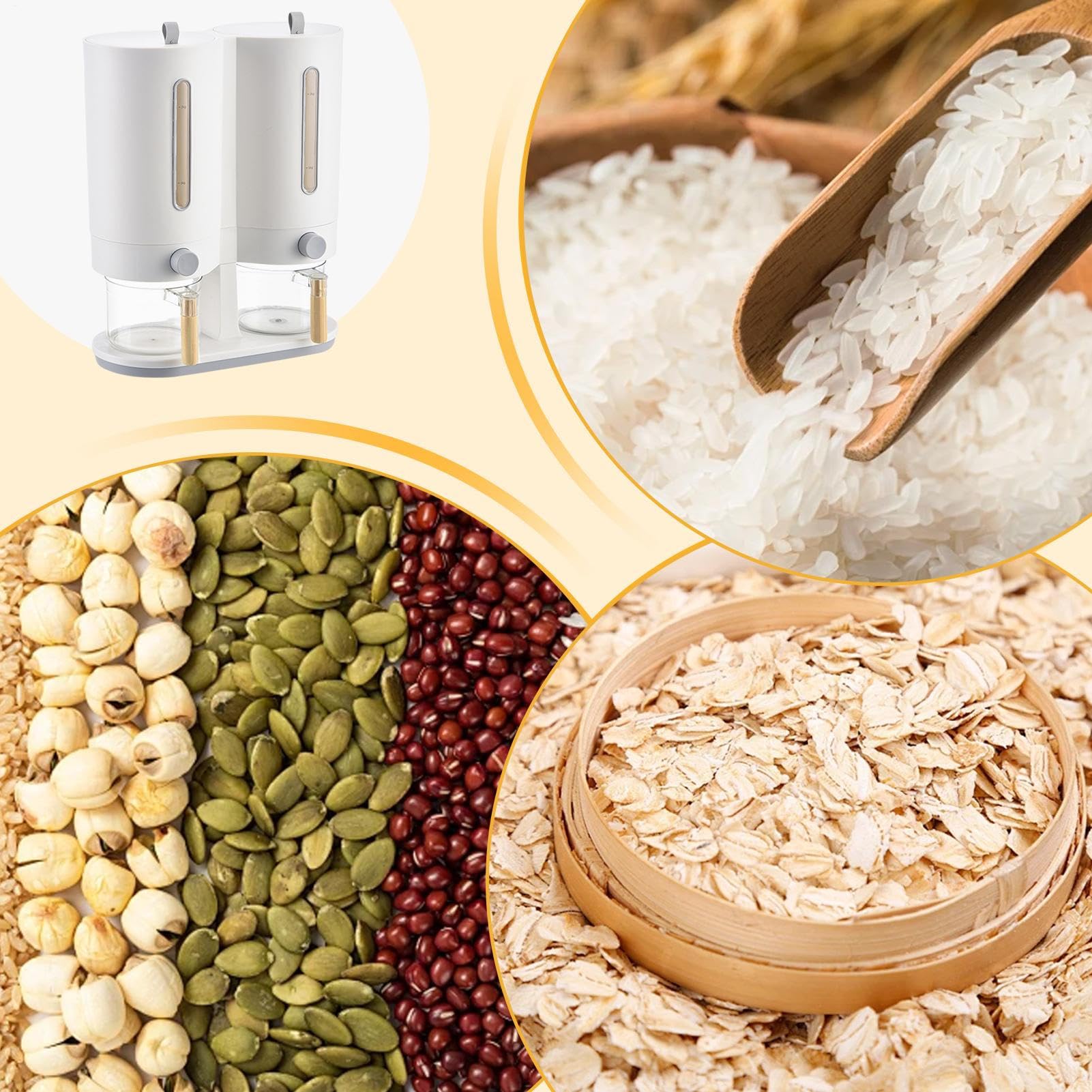 Dosatore Di Riso Contenitore da cereali, soia, mais e farina | Distributore di riso con doppio contenitore per il banco Fagiolini, Farina, Fiocchi D'Avena Per Cucina E Dispensa
