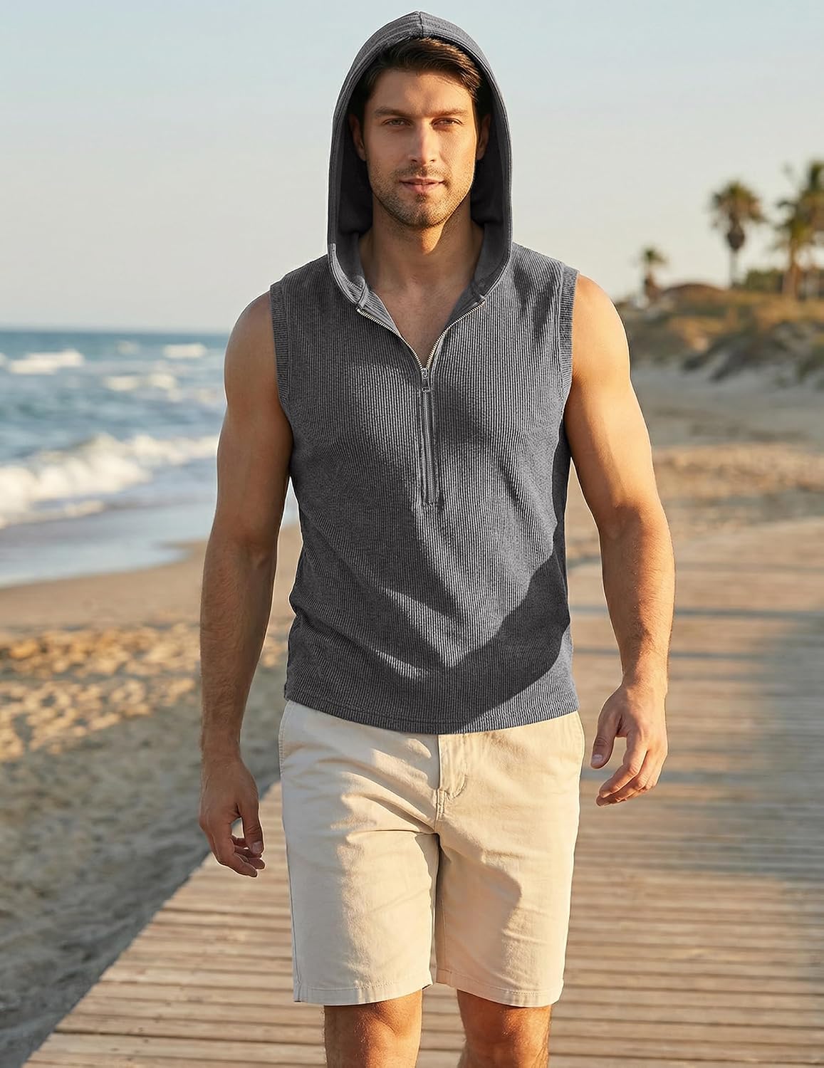 JMIERR Men's Quarter Zip Sleeveless Hoodie Ribbed Muscle Tank Top Gym Workout Vest