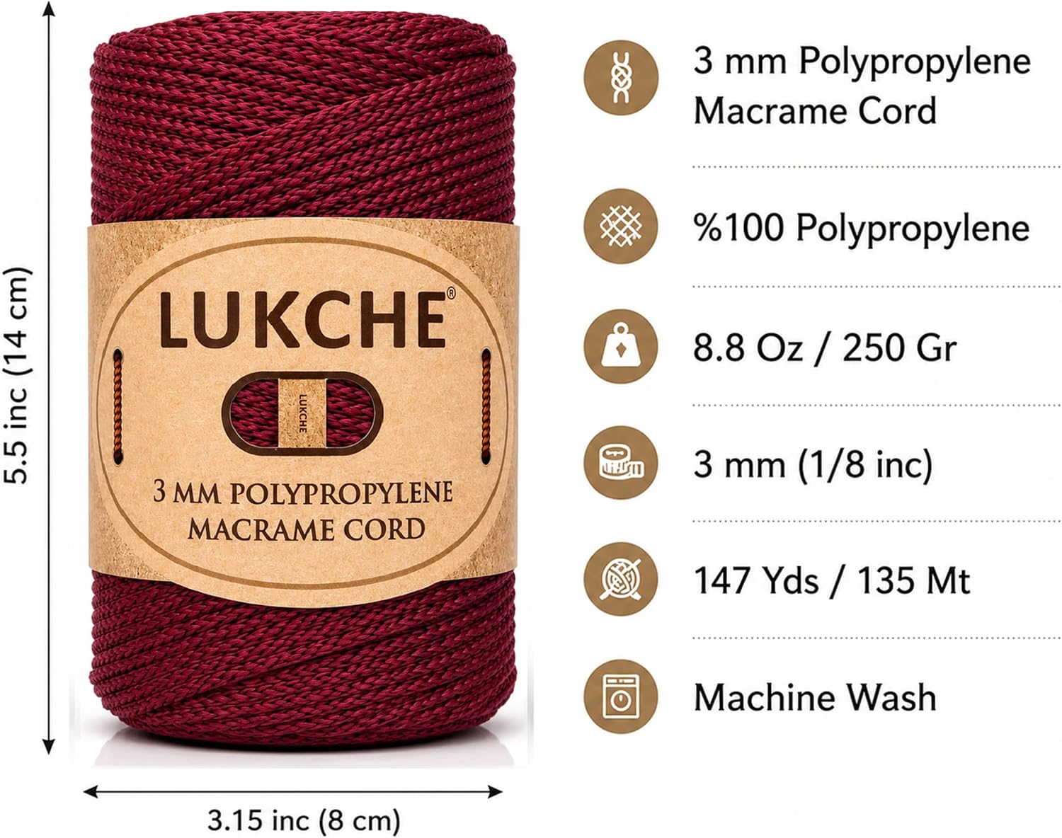 3mm Premium Polyester Macrame Cord, 147 Yards, 100% Polypropylene Macrame Rope for Crochet, Wall Hangings, Plant Hangers, Macrame Bags, Basket Bases and DIY Crafts (Burgundy, 1 Skein) image 4