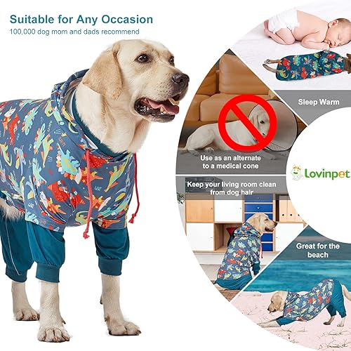 Miniatura 4 de LovinPet Pitbull Breeds - Pijama para perros con diseño de rayas reflectantes, estampado azul marino súper dinos, ropa de recuperación quirúrgica,