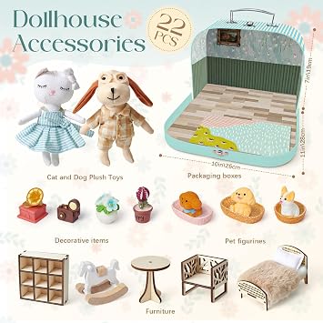 TUZT Portable Dollhouse Suitcase for Ages 3-8, Foldable Bedroom Playset with 21 Wooden Furniture, Cute Animal Dolls & Accessories, Travel-Friendly Pretend Play Toy