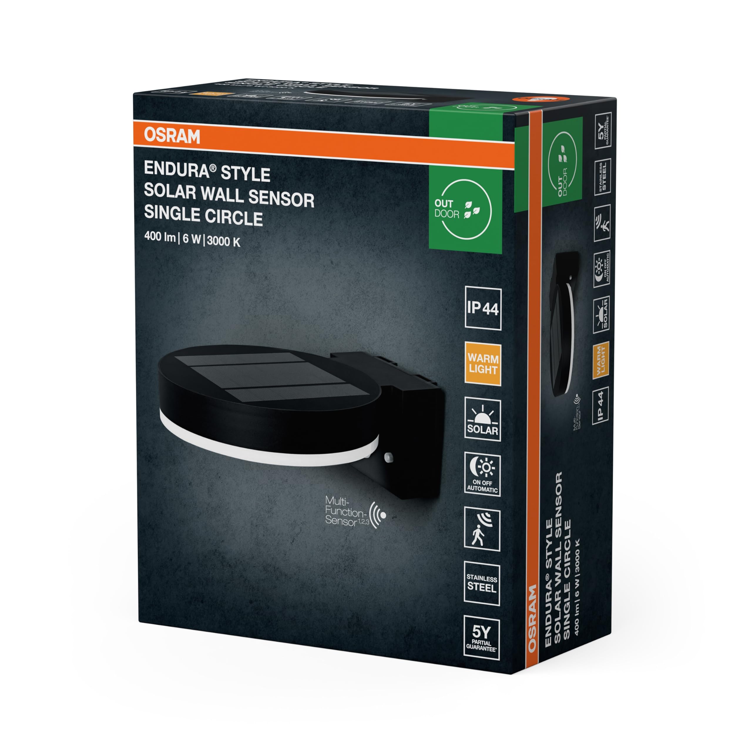 OSRAM ENDURA Style Solarna lampa ścienna, czarna, stal nierdzewna, IP44, czujnik ruchu i światła dziennego, zasilana energią słoneczną, idealna do stosowania na zewnątrz