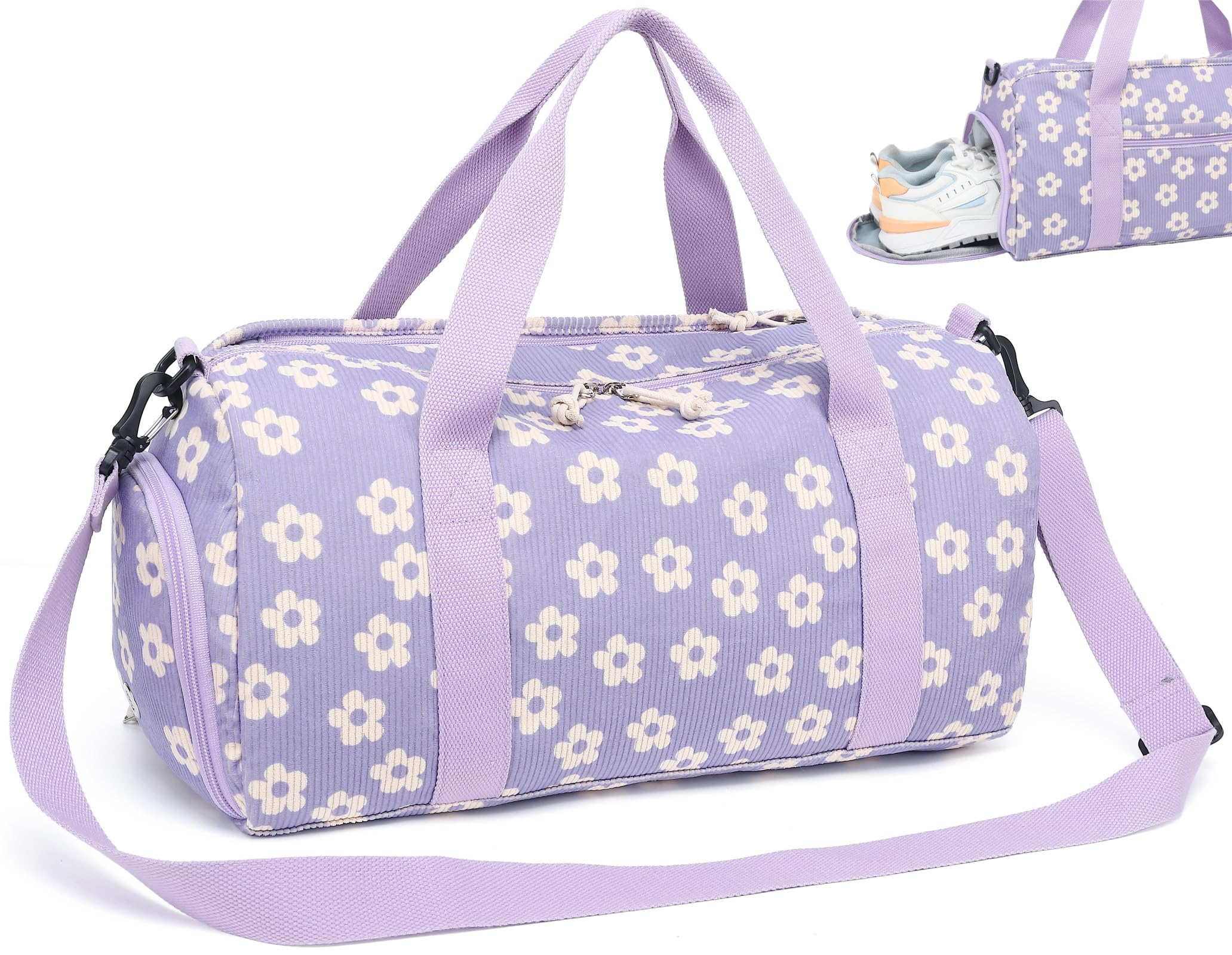LOIDOU Sporttasche Reisetasche Frauen Mädchen Jungen Sporttasche mit großem Schuhfach Nassfach Sport Reisetasche Trainingstasche Schwimmtasche für Reise Gym Yoga (Lila beige kleine Blume)