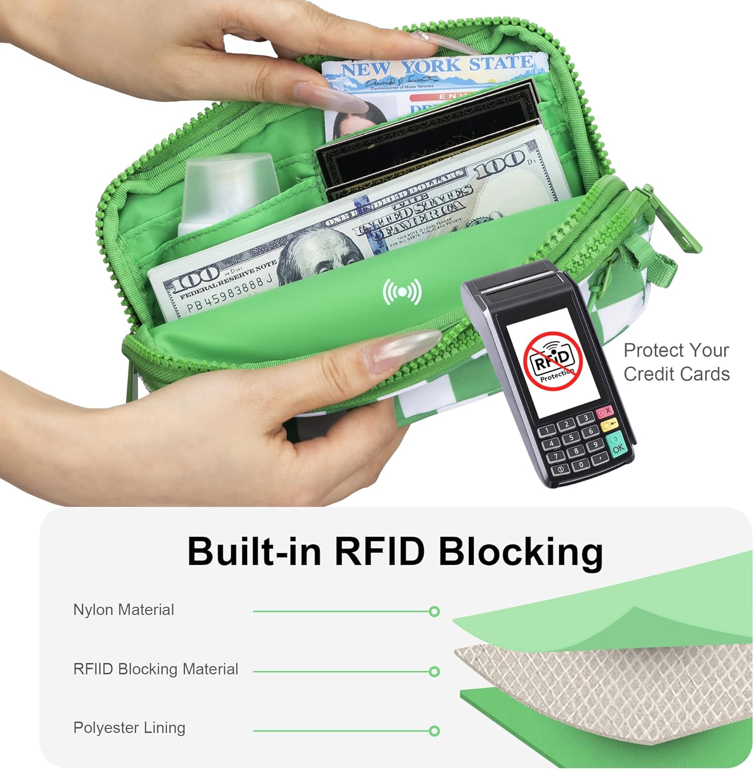 FODOKO Wristlet wallets for women Nylon Quilted Wallet with 4 Zippers,Travel Credit Card,Holder Cell Phone Organizer
