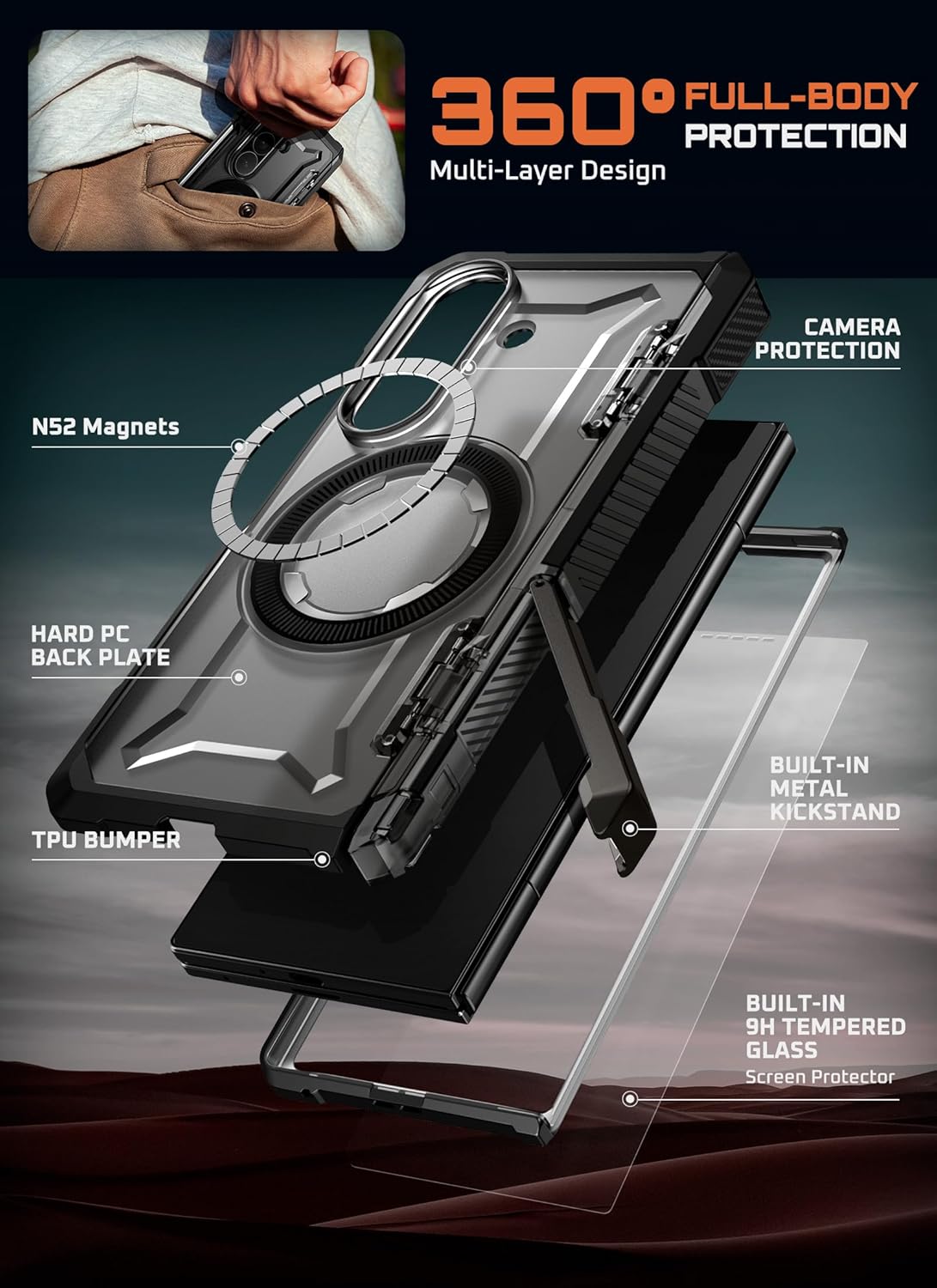 SUPCASE for Samsung Galaxy Z Fold 7 Case with Kickstand (UB Grip), [Compatible with MagSafe] [Built-in Tempered Glass Screen Protector] [Hinge Coverage] Military-Grade Protection Phone Case, Black - Image 8