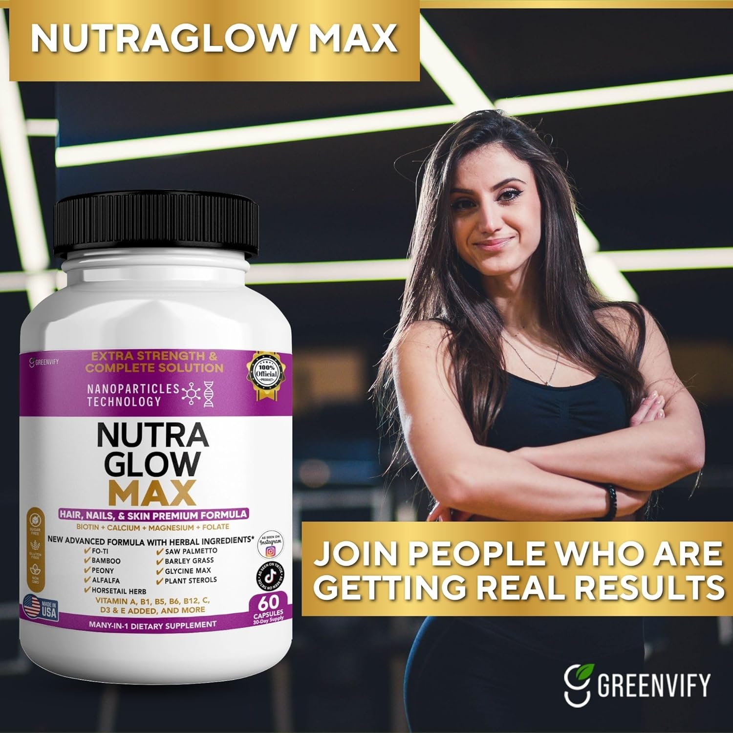 Nutra Glow Max Hair, Nails & Skin Formula, Biotin, Folate, Magnesium, 60 Capsules (5)