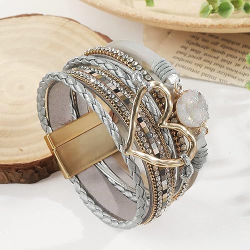 Miniatura 4 de Long tiantian Pulseras de cuero para mujer, pulseras bohemias con cuentas de cristal con cierre magnético, pulsera bohemia de varias capas, regalos