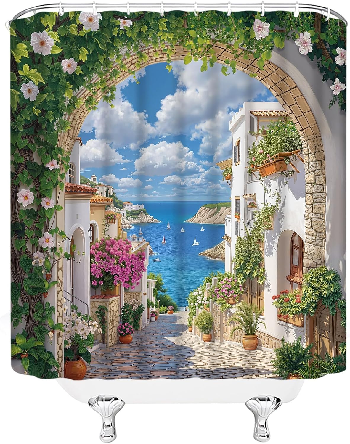 Coastal Landscape Shower Curtain Italy Seaside Town Street Santorini Green Plant Leaves Vine Flowers Natural Scenery Fabric Bathroom Decor Curtain with Hooks,108X70(WXH) Inches