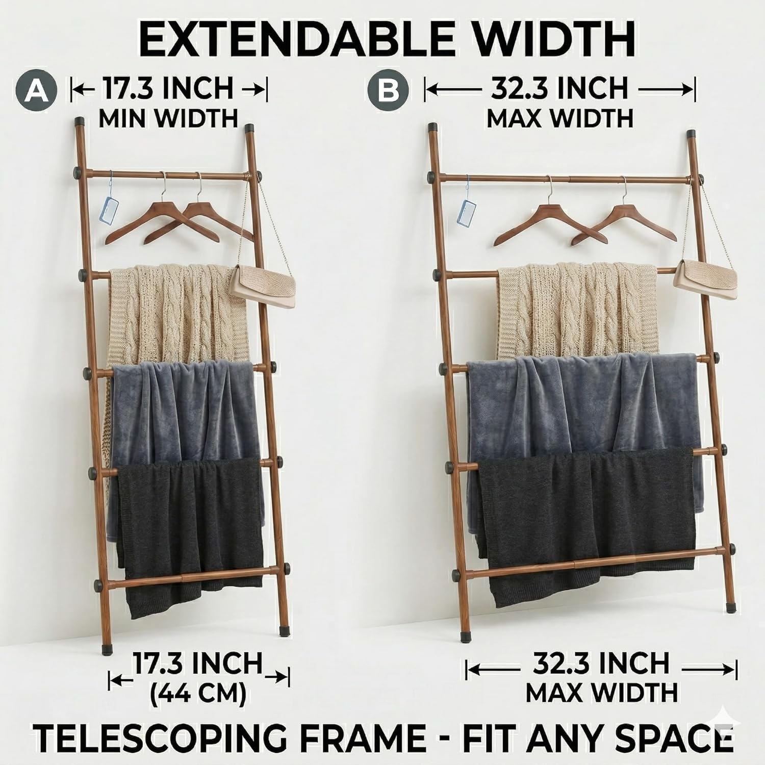 SIBRAD Expandable Blanket Ladder for Living Room, Adjustable Width (17.3"-32.3") Tall Metal Quilt Rack Wall Leaning, Rustic Brown Wood Grain 5-Tier Towel Blanket Holder, Heavy Duty 45 Lbs Capacity