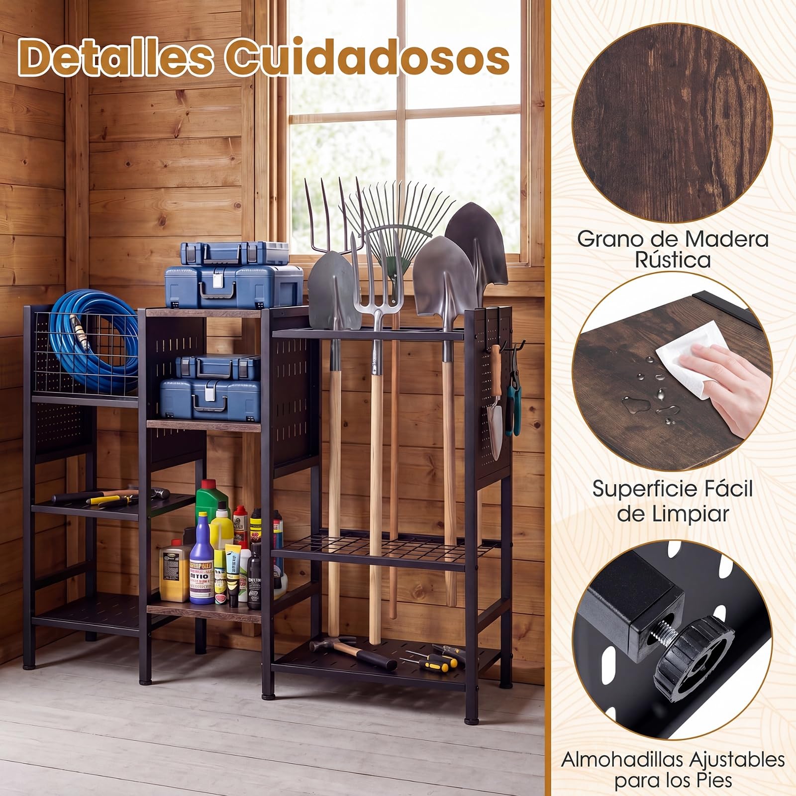 COSTWAY Organizador Herramientas de Jardín, 66 Ranuras, 100 x 29 x 80 cm | Estantería de Metal, Paneles Perforados, Ganchos, Soporte para Herramientas para Garaje, Taller, Escobas de Mango Largo