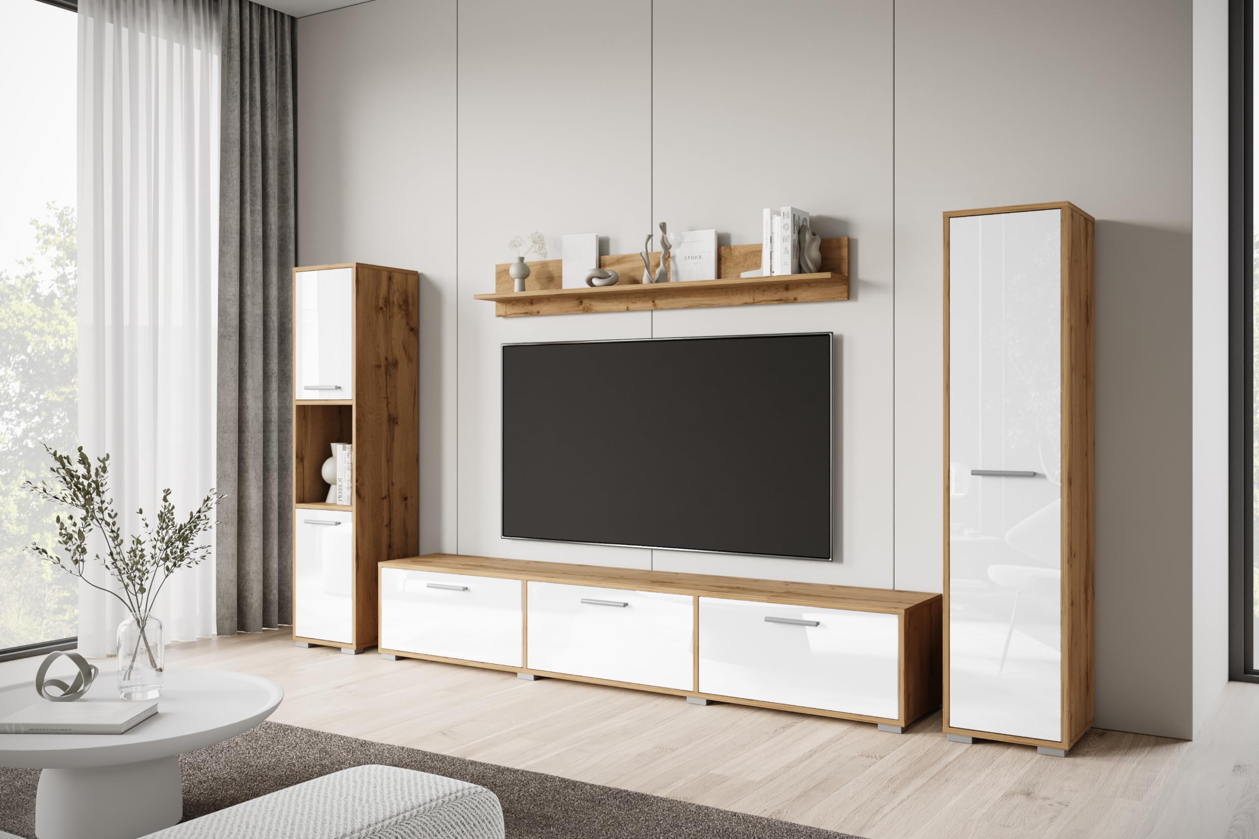 MINIO go for it - Wohnwand Wohnzimmer 4-teilig Toga, Wohnzimmer Möbel Set, 1x TV Lowboard, 2X Hochschrank, 1x Wandboard, Wohnzimmermöbel Komplett, Wohnzimmer Set - Farbe Wotan Eiche/Weiss Hochglanz