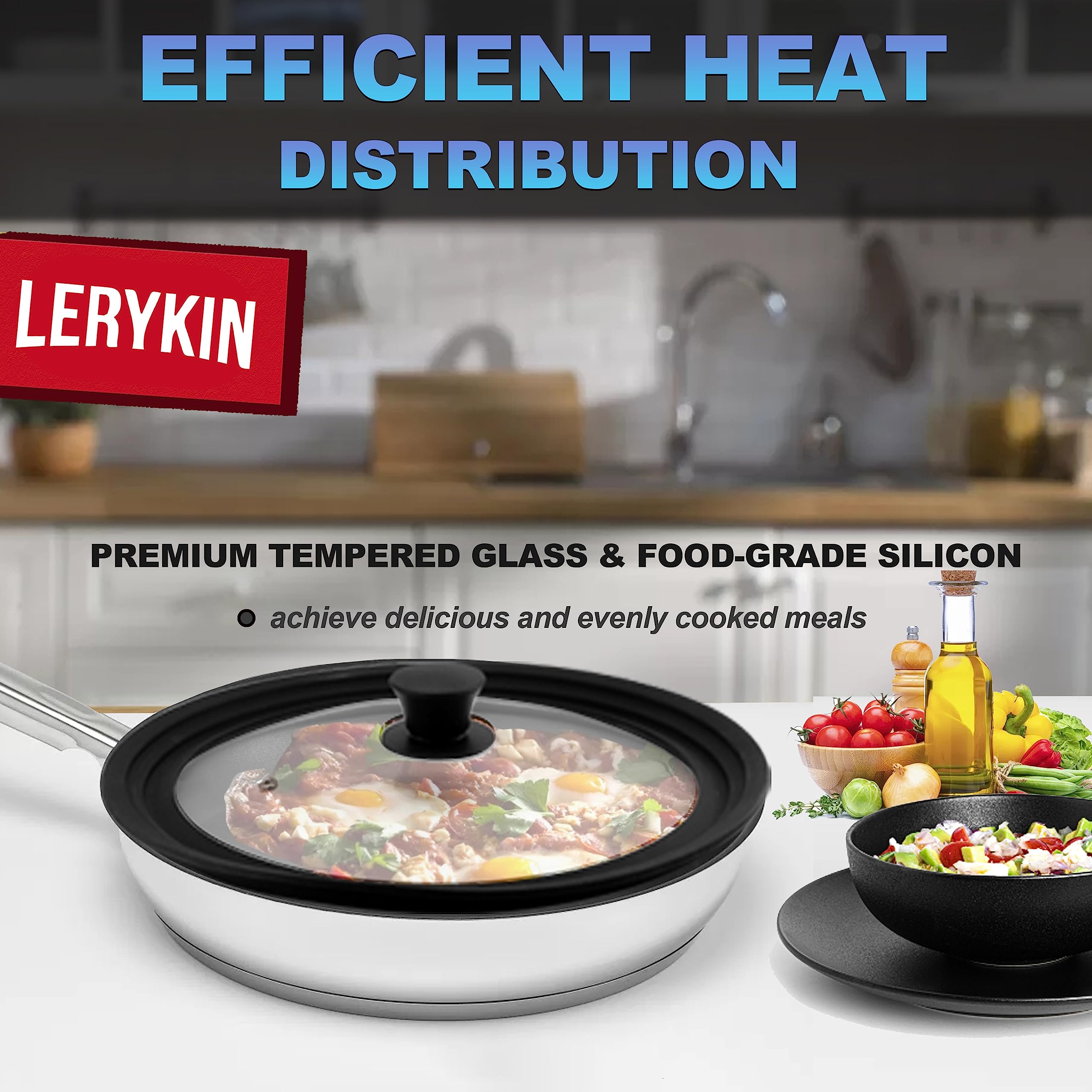 Lerykin Juego de 2 tapas de vidrio templado, tapas universales con borde de silicona resistente al calor para ollas, sartenes y sartenes, tapas de repuesto para utensilios de cocina de 6.5, 7, 8 y 9.5