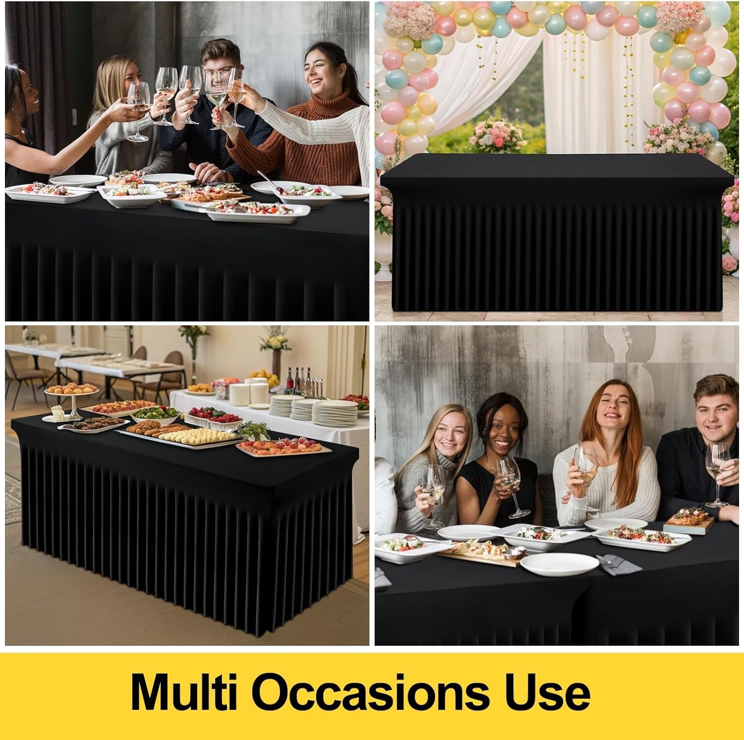 Smiry Spandex Tablecloth 6 Pack, Elastic Fitted Stretch Tablecloth for 6FT Rectangle Tables, Waterproof Washable Table Cover Skirt for Wedding, Banquet & Parties (Black, 72Lx30Wx30H Inch)