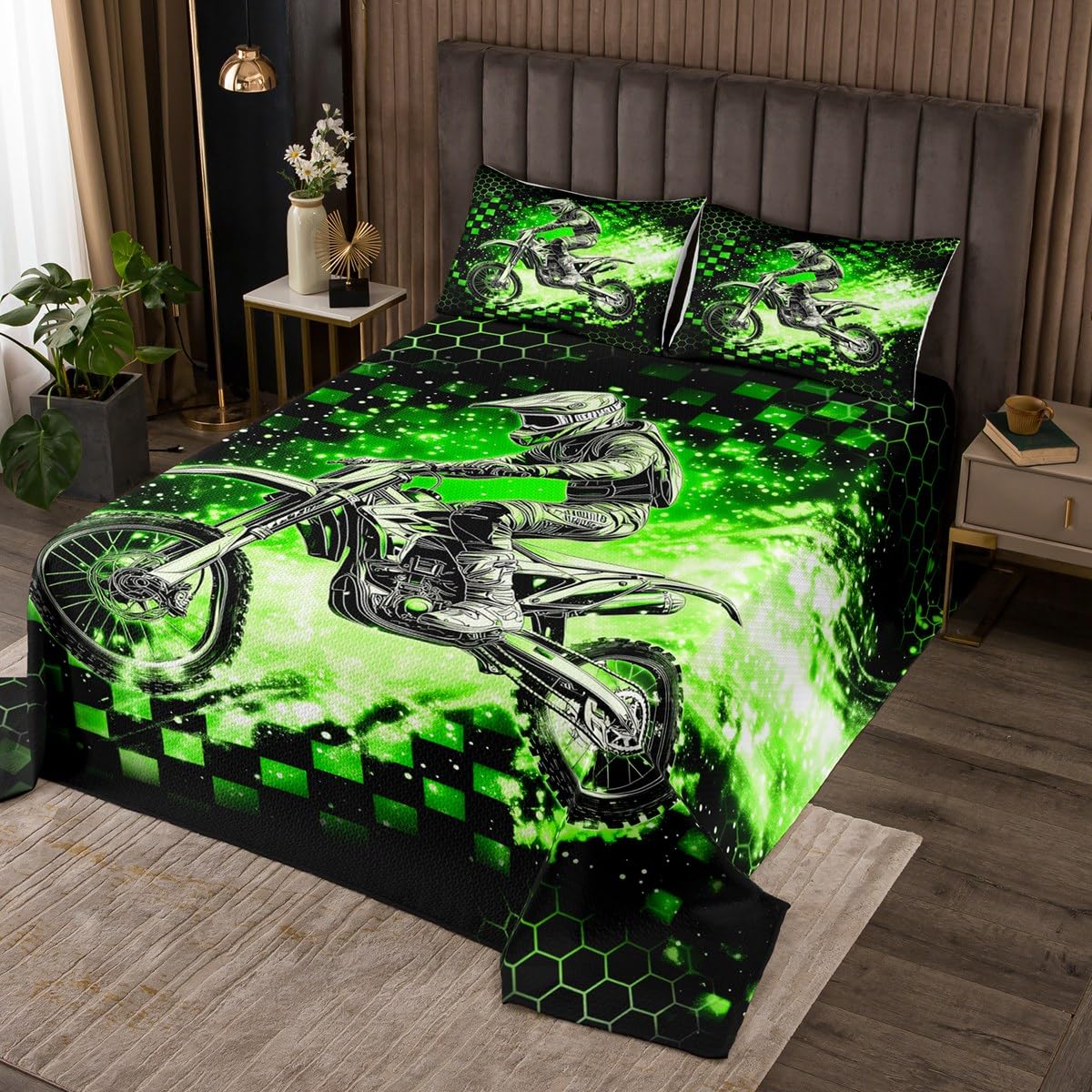 jejeloiu Kids Green Dirt Bike Coverlet Set Twin Size, Motorcycle Bedspread Extreme Sports Quilted Coverlet for Kids Boys Girls Honeycomb Quilted Room Decor with 1 Pillow Case