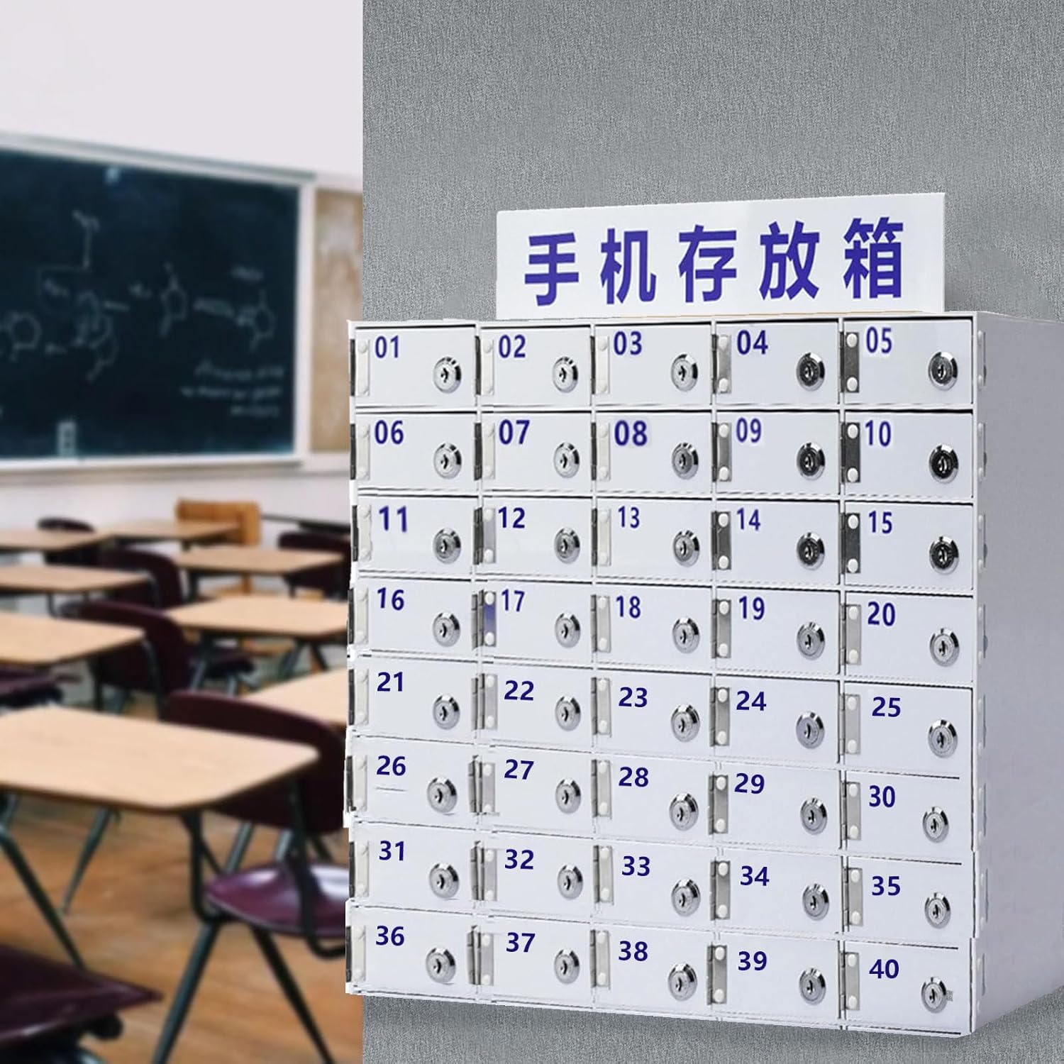 Cell Phone Storage Locker, 20/30/40 Slots Cell Phone Lock Box with Door Locks+Keys, Wall-Mounted Acrylic Cell Phones Storage Cabinet for Classroom, Conference Room