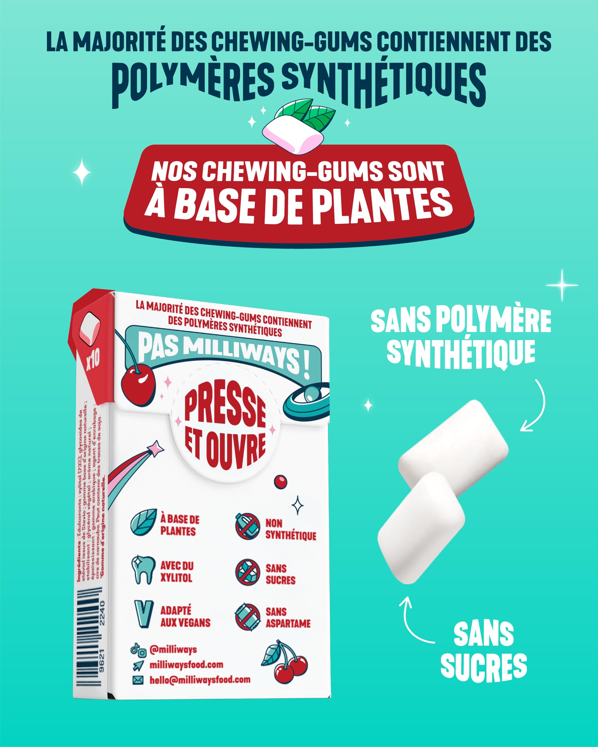 MILLIWAYS Chewing gum sans sucres à la cerise 10 boîtes 30 dragées 60g Xylitol