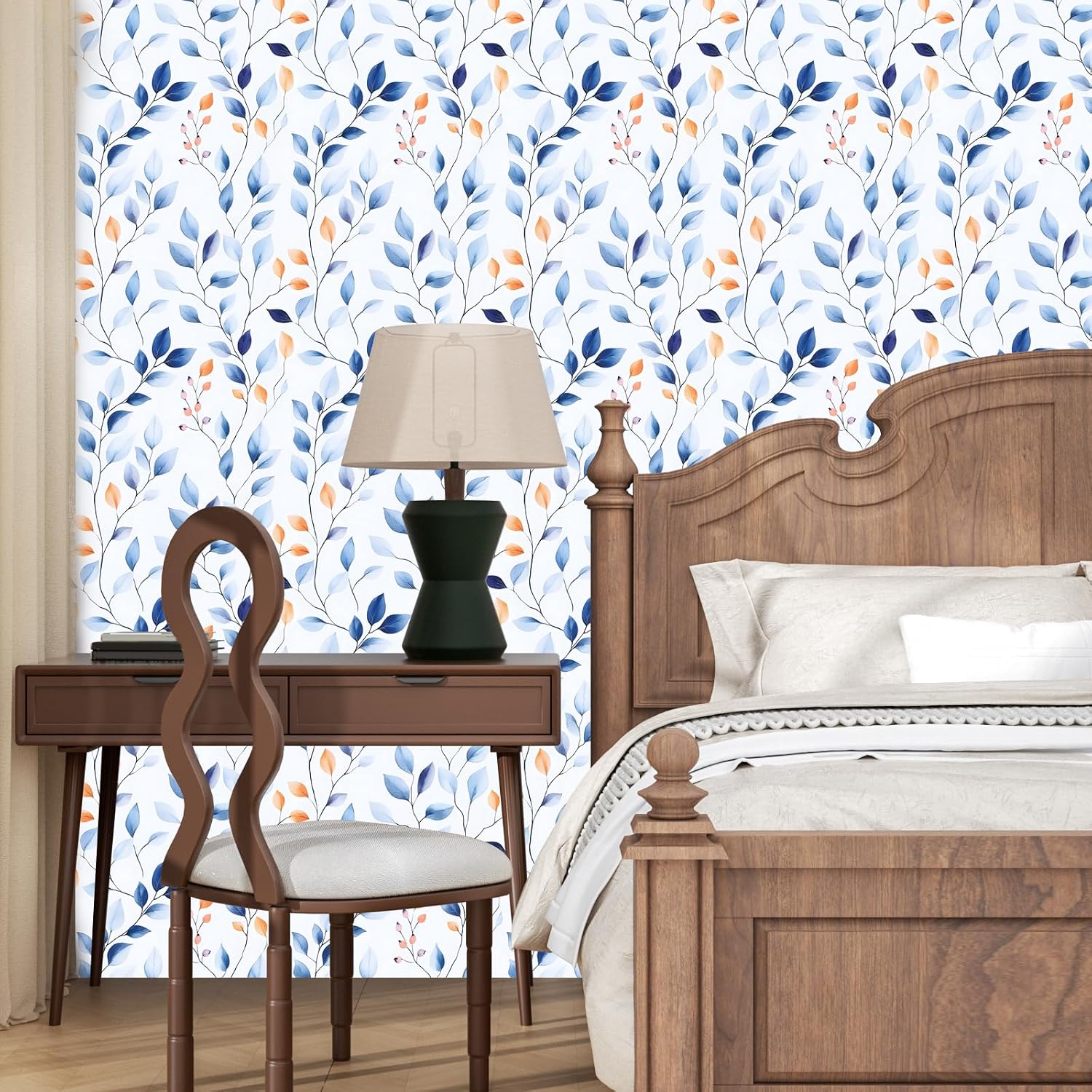 Blue Watercolor Leaf Peel and Stick Wallpaper 17.5” x 118” | Self-Adhesive, Removable and Waterproof for Smooth Walls, Bedrooms, Bathrooms, Kitchens, Cabinets, Shelves and Drawers