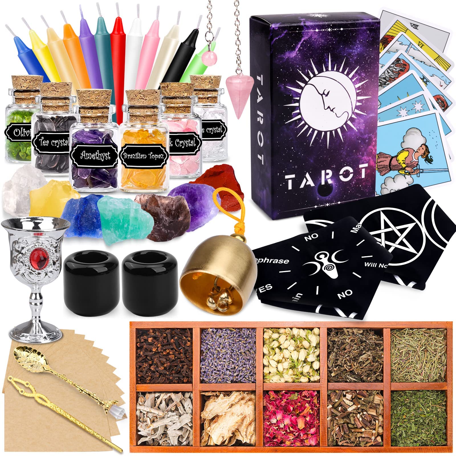 Amazon.com: Witchcraft Supplies Kits 57PCS-Witchcraft Supply kit with Tarot  Cards，Chakra Stones ,Spell Candles ,Witchcraft Herbs, Crystal  Pendulums，Parchments,Mini Crystal Balls-Witch Starter Kit : Home & Kitchen