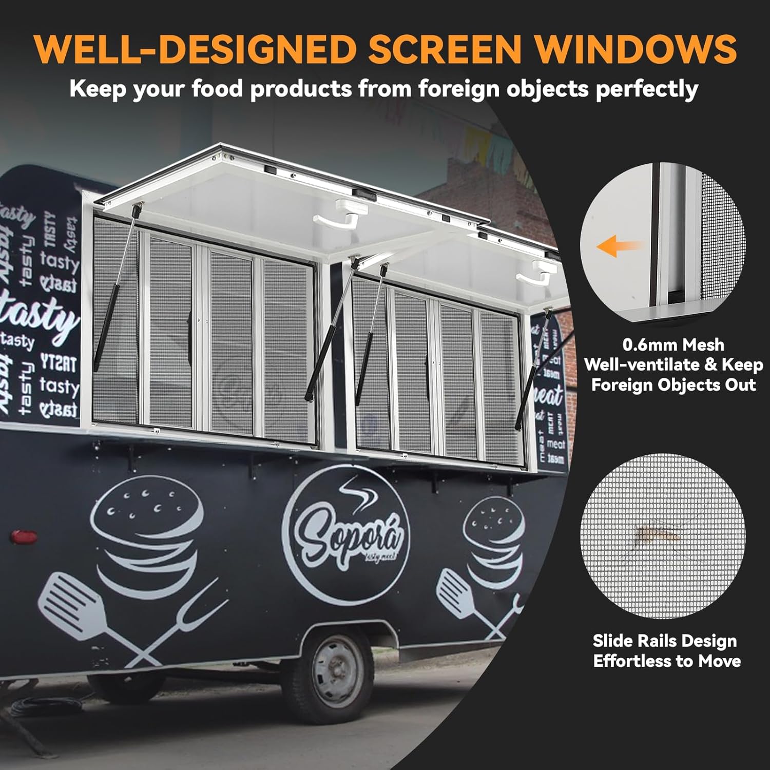 Concession Window 53" x 33", Aluminum Alloy Concession Serving Window for Food Trucks & Trailers – 85° Adjustable with 4 Sliding Windows, Awning Door, and Drag Hook