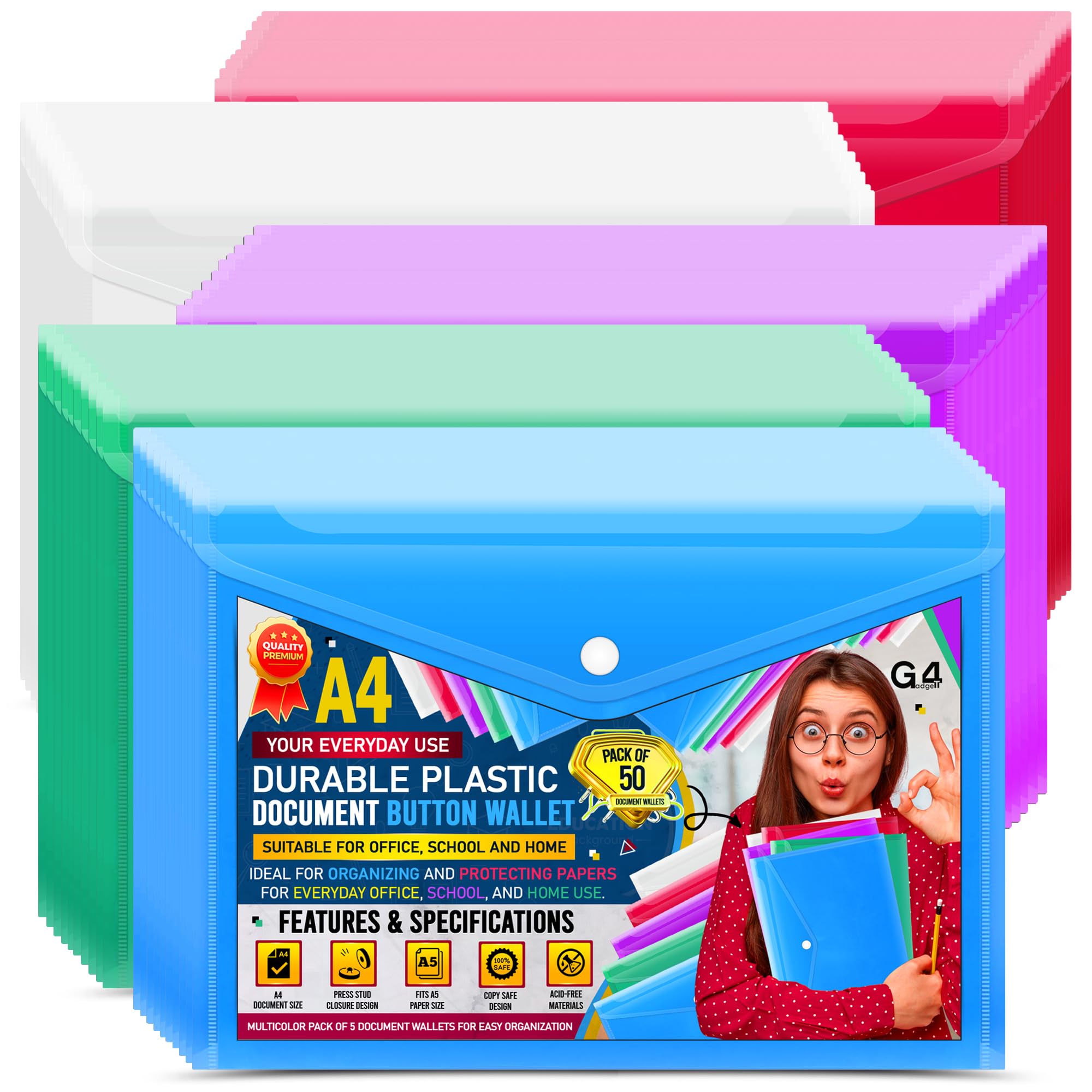 50 A4 / Foolscap Document Plastic Wallets Bright Transparent Popper Wallet/Paper Wallets - Assorted Colours