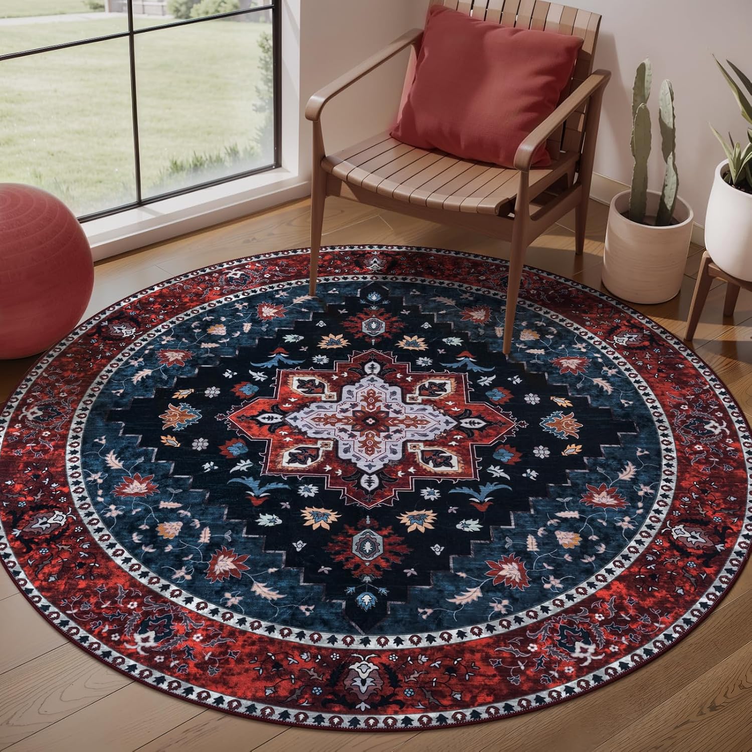 Ciicool Boho Area Rug 4x4ft Round Washable Bedroom Non-Slip Vintage Entryway Throw Low-Pile Indoor Carpet for Living Room Foyer