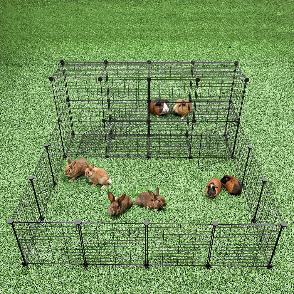 BAKAJI Clôture pour Animaux de Petite Taille Personnalisable en métal, clôture modulaire pour cochons d'Inde, Hamsters, Lapins, Chinchilla, pour intérieur et extérieur (143 x 71 x 46 cm, 2 étages)
