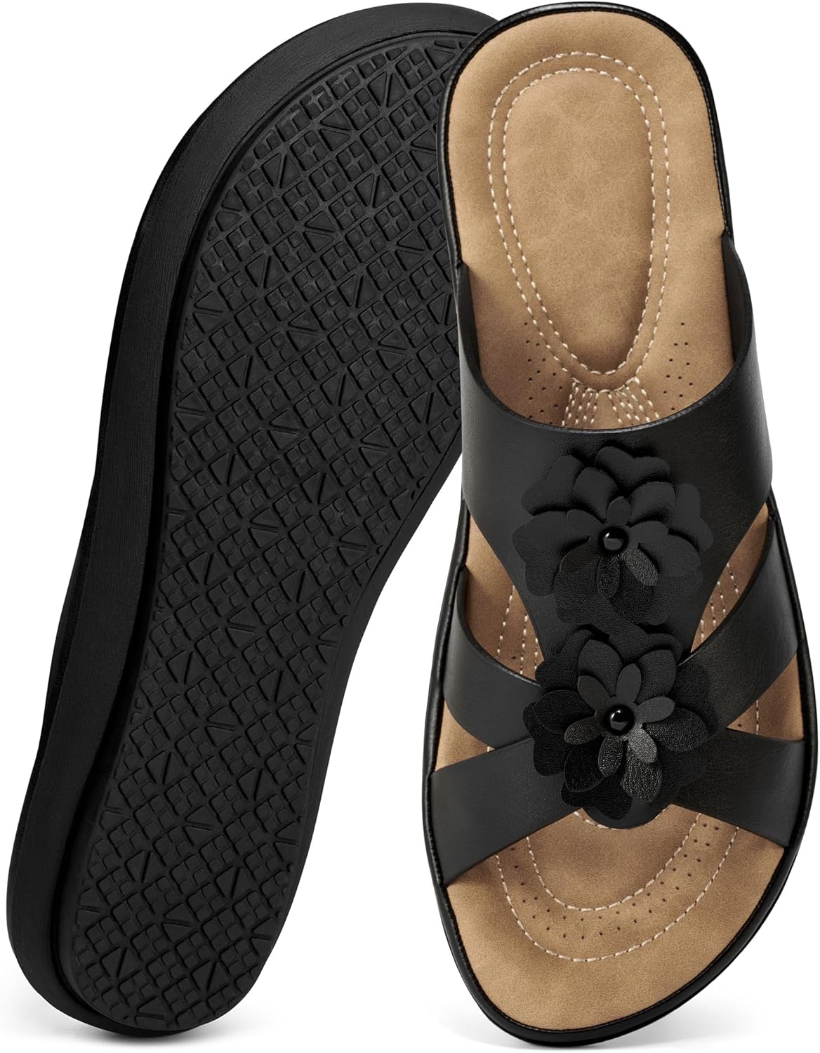 Womens Sandals for Walking: All-Day Comfort Cushioned Slip On Flat Slides 2026 Open Toe Summer Dressy for Work Travel