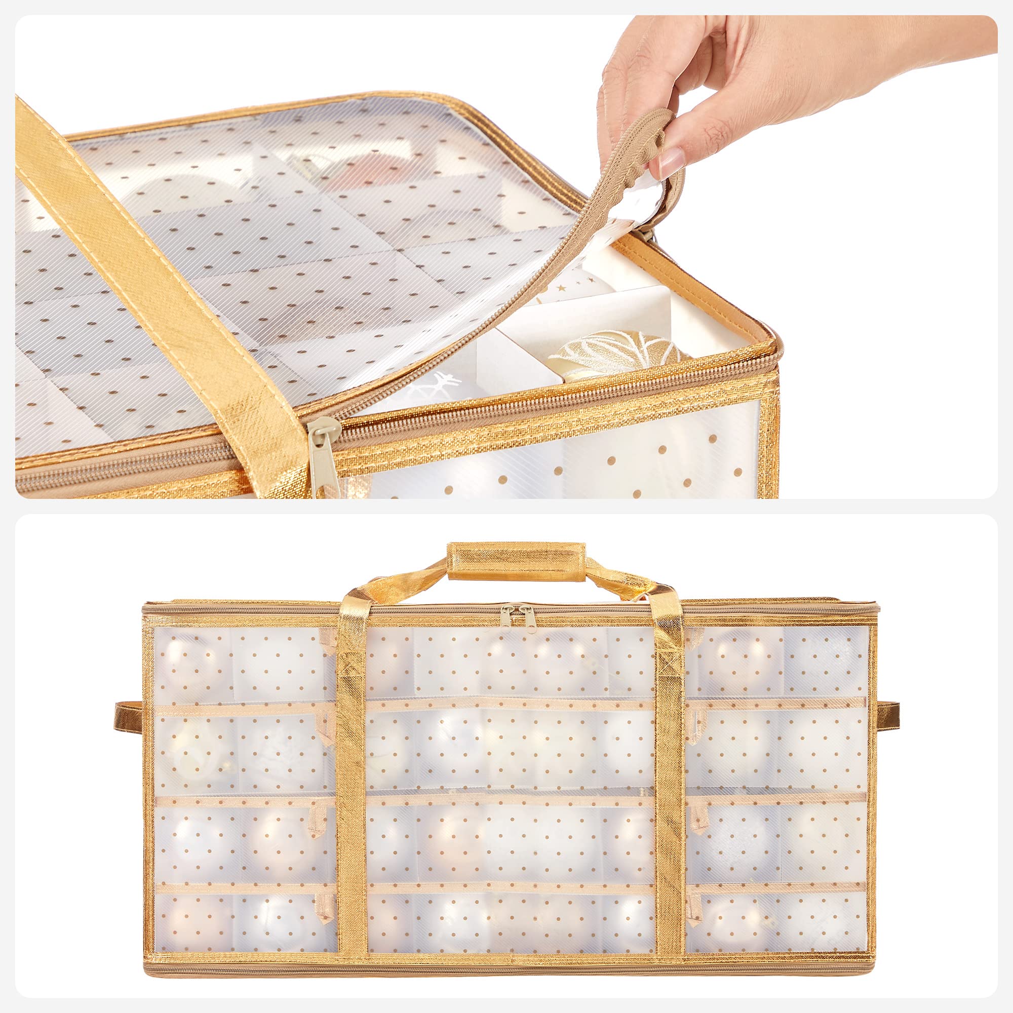 SONGMICS Pudełko do przechowywania, pudełka na bombki świąteczne, dekoracje świąteczne, 128 przegródek, regulowane przegródki, 67 x 34 x 34 cm, półprzezroczyste złoto RFB029A01