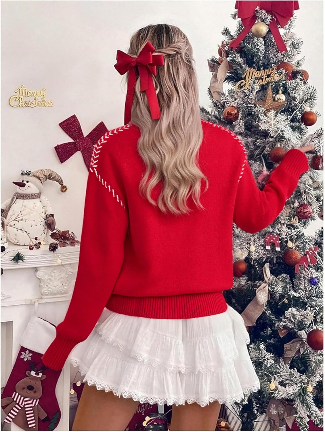 LUKYCILD Christmas Sweaters for Women Merry Sweater Long Sleeve Crewneck Sweaters Rib-Knit Sweatshirt Xmas Pullover Tops - Image 6
